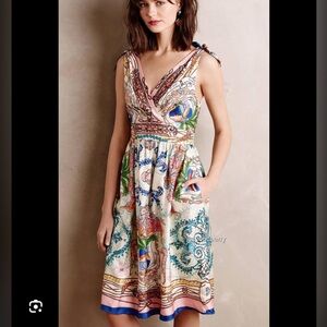 Anthropologie Printed Tie-Shoulder Midi Dress — Cream, Pink, Blue, Green